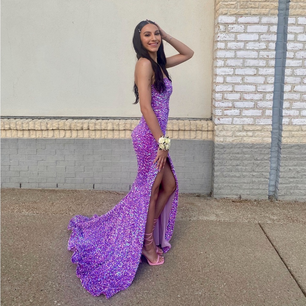 Portia and Scarlett Lavender Sequin Strapless Prom Gown with High Slit